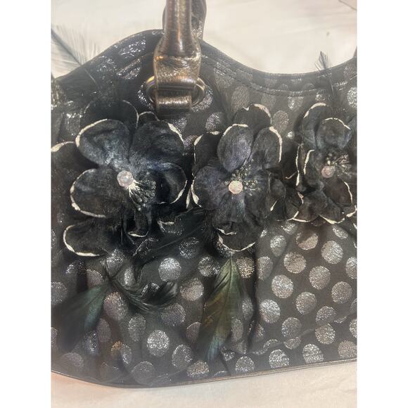 Hananel Black Feathers Flowers Bling Purse Hand Bag Embellished Silver Polka Dot - Picture 7 of 16